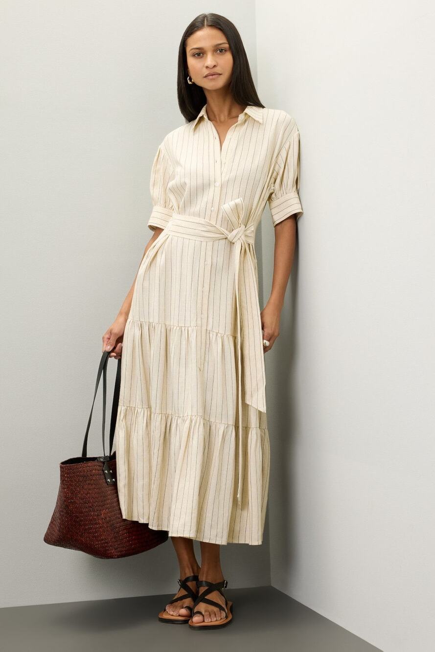 MARISSA WEBB x RTR Off White Collared Neck Tie Waist Linen Short Sleeve Dress 10